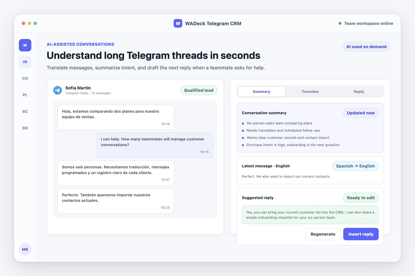Telegram AI reply translation and summary