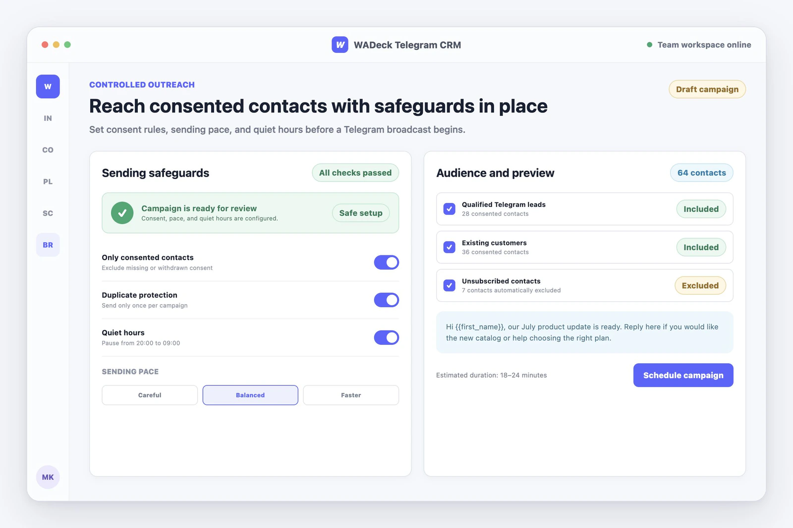 Telegram bulk or broadcast sending safeguards