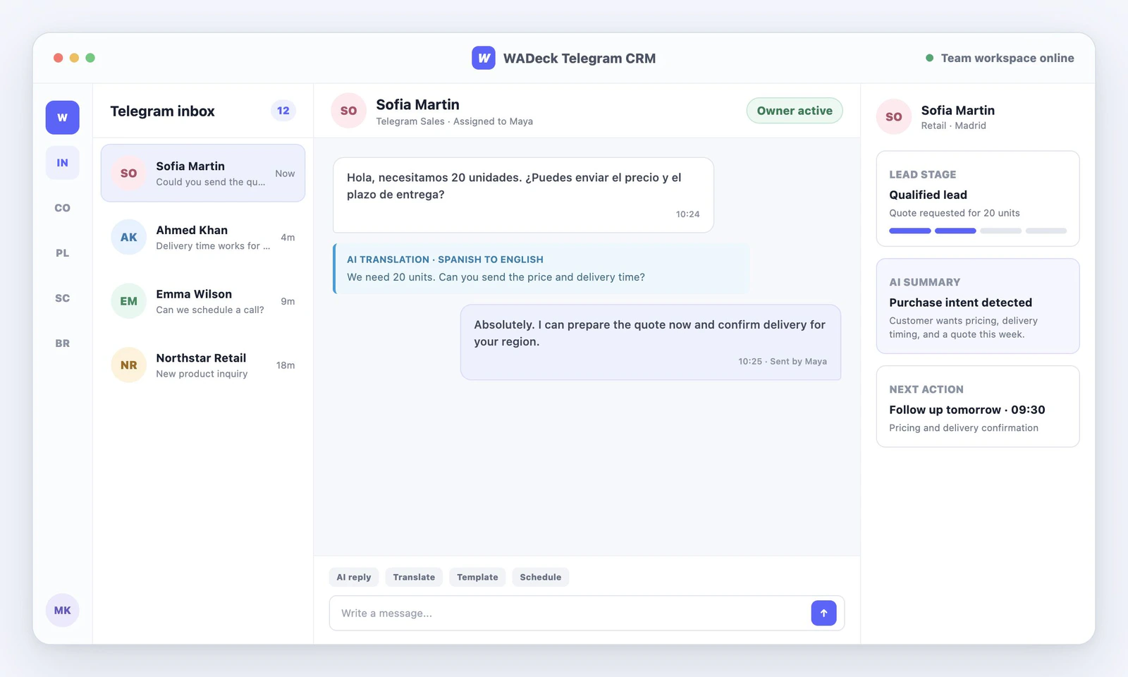 WADeck Telegram CRM connected workspace