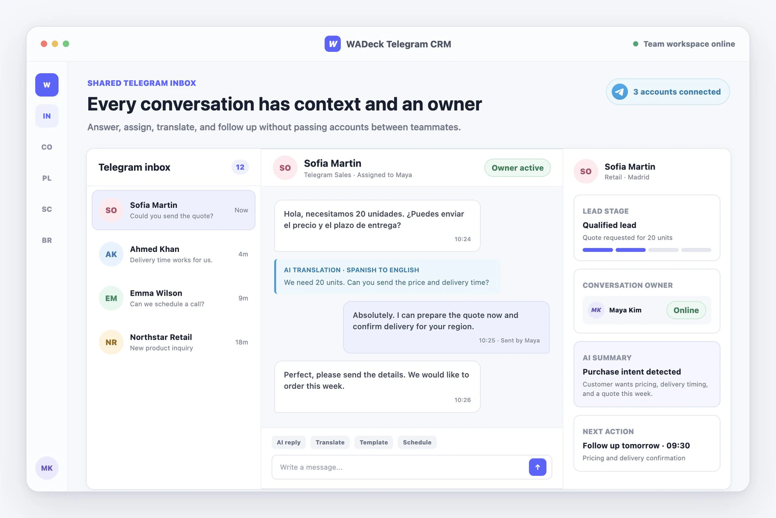 Shared Telegram inbox in WADeck