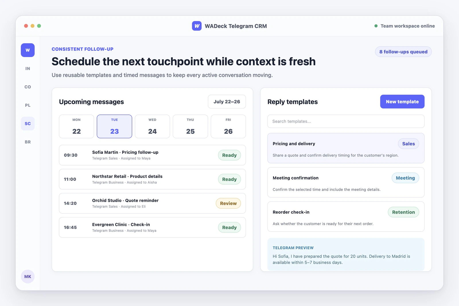 Telegram scheduled messages and templates